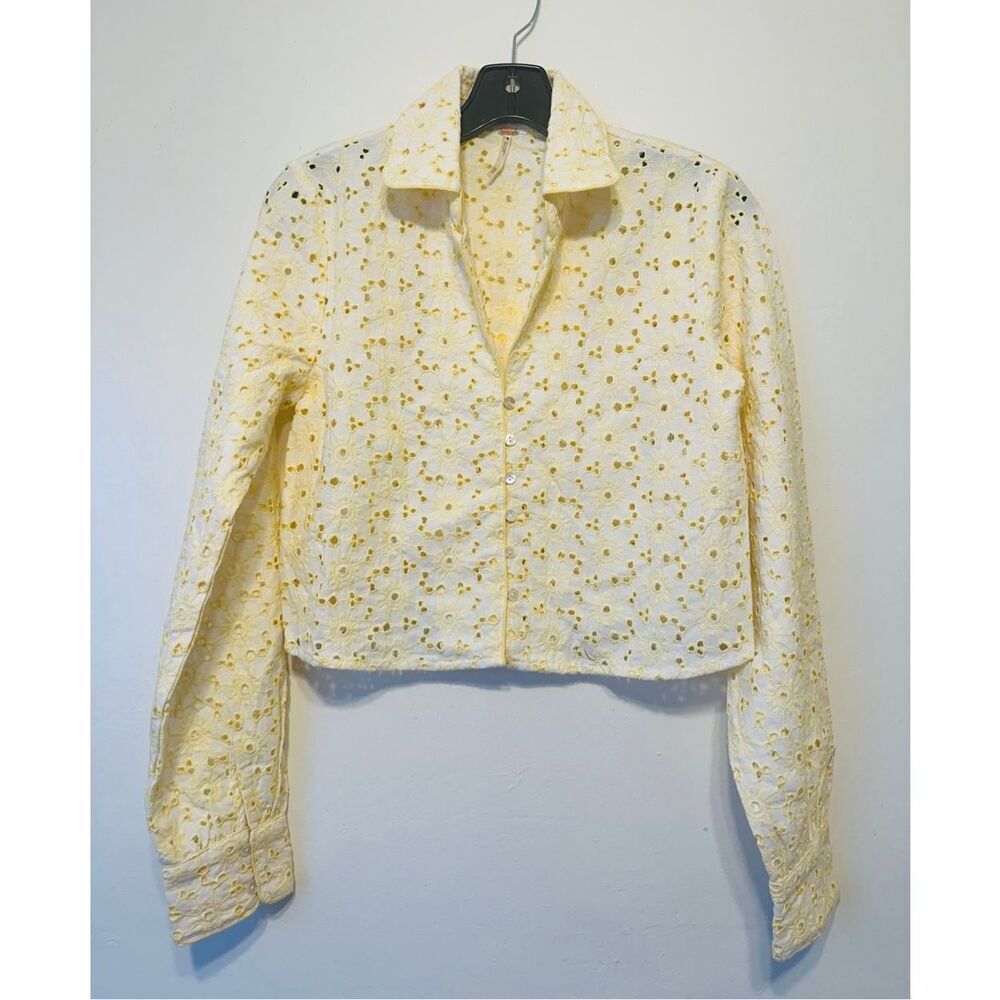 Free people Women’s long sleeved button up yellow cotton cropped tops Sz XS, NWT - Picture 4 of 14
